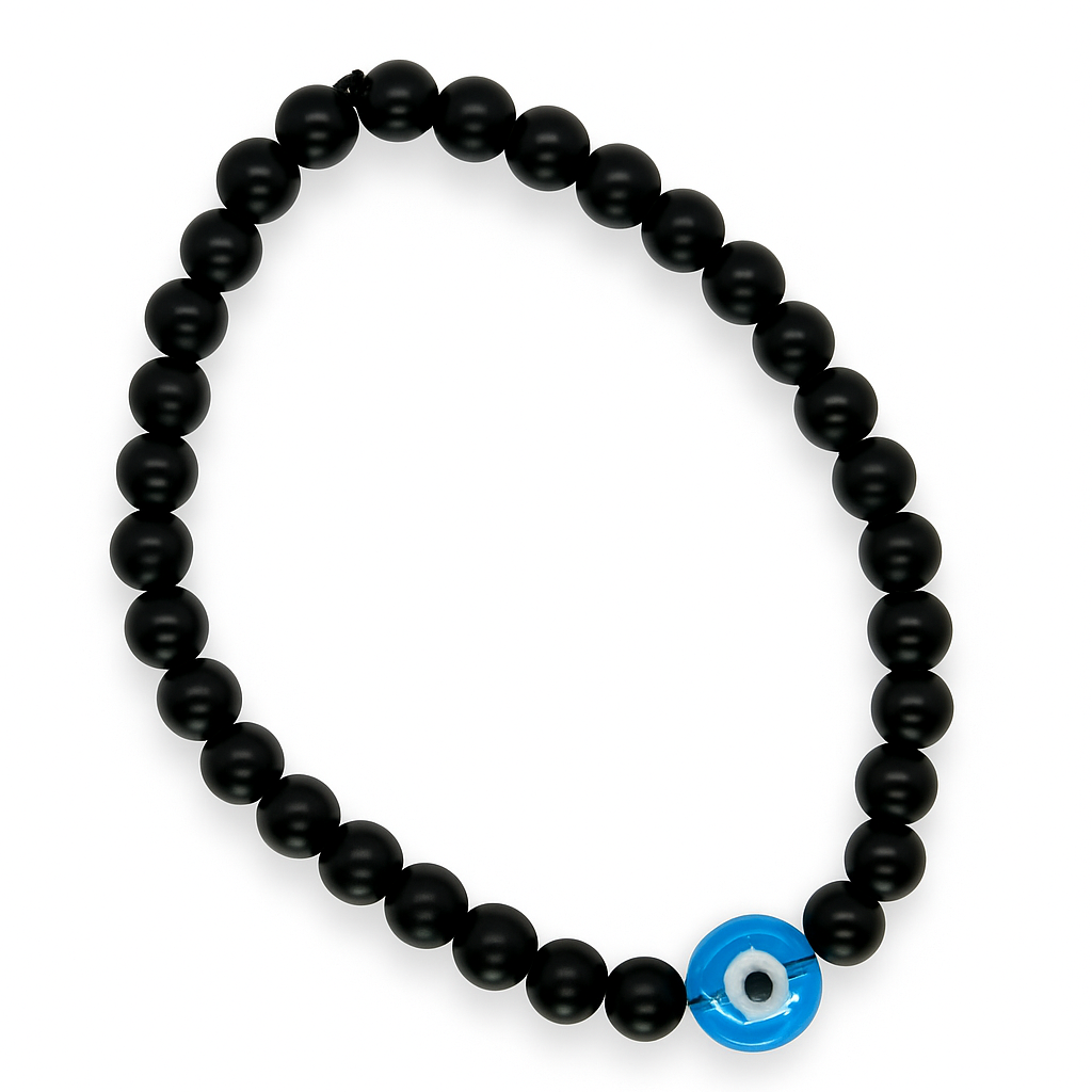 Handmade Black Beaded Bracelet with Blue Evil Eye