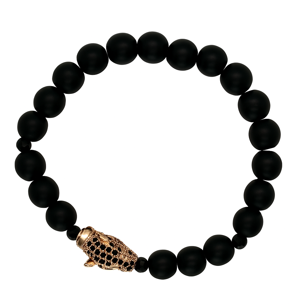 Handmade Black Beaded Bracelet with  Rose Gold Leopard Charm