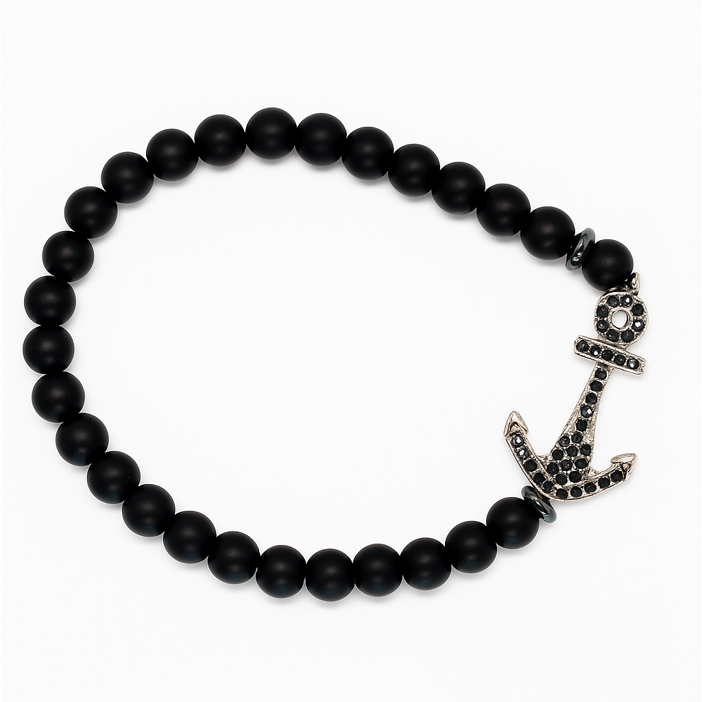 Handmade Black Beaded Anchor Bracelet